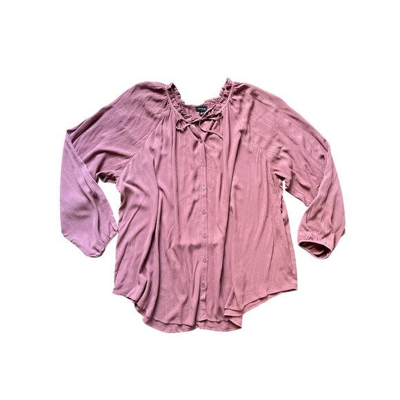 Torrid Blouse Womens Plus Size 5 Mauve Button-Front Ruffle‎ Neck & Tie Detail - Picture 1 of 10
